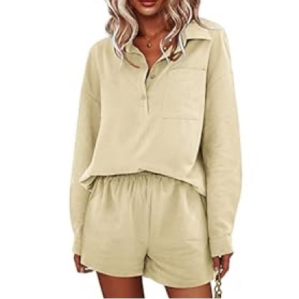 Woven Tan Long Sleeve Short Set